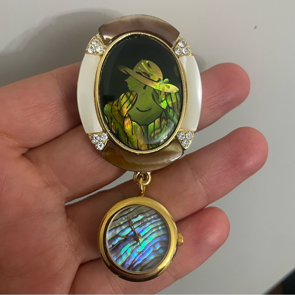 Vintage Stamped Bonetto Abalone Woman Silhouette With a Watch Dangle Brooch Pin